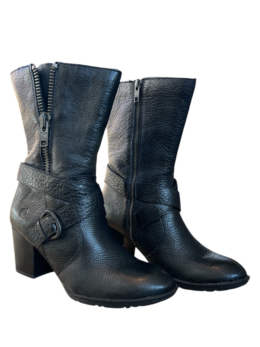 Born Halen Black Leather Mid-Calf Booties with Buckle
